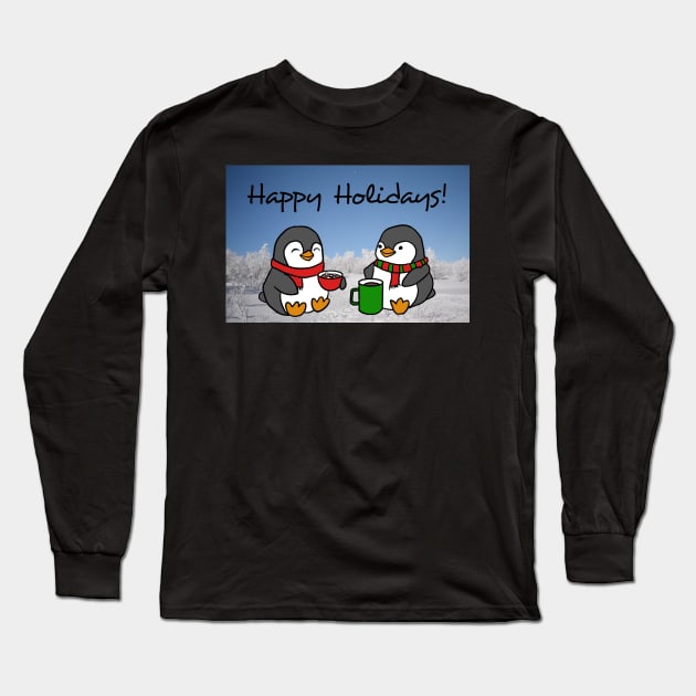 Christmas Penguins Enjoying Hot Cocoa with Christmas Tree Card Long Sleeve T-Shirt by Elizabeths-Arts